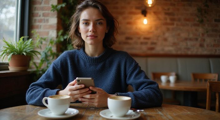 Eine junge Frau sitzt entspannt in einem Café mit ihrem Smartphone