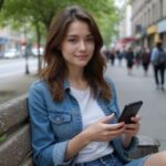 Eine junge Frau sitzt entspannt auf einer Parkbank und nutzt ihr Smartphone und sucht Sexkontakte in Deutschland