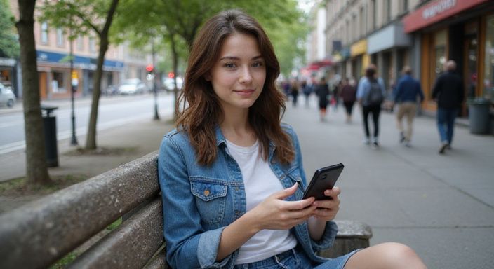 Eine junge Frau sitzt entspannt auf einer Parkbank und nutzt ihr Smartphone und sucht Sexkontakte in Deutschland