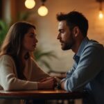 Ein Paar führt ein ernstes Gespräch in einem gemütlichen Café