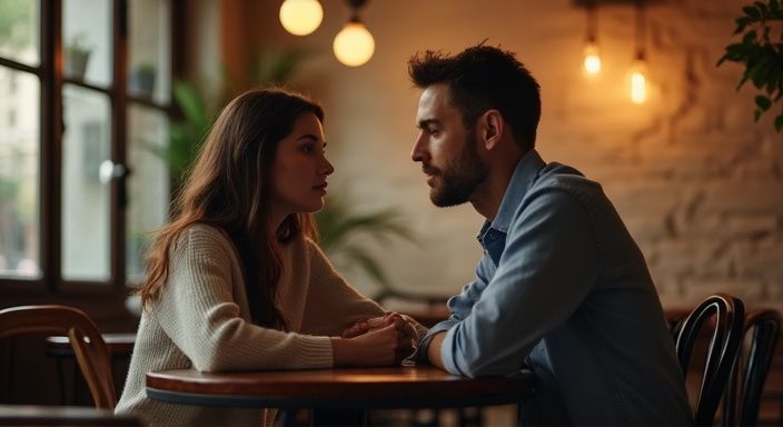 Vorteile Sex-Dating-Sites: Ein Paar führt ein ernstes Gespräch in einem gemütlichen Café.