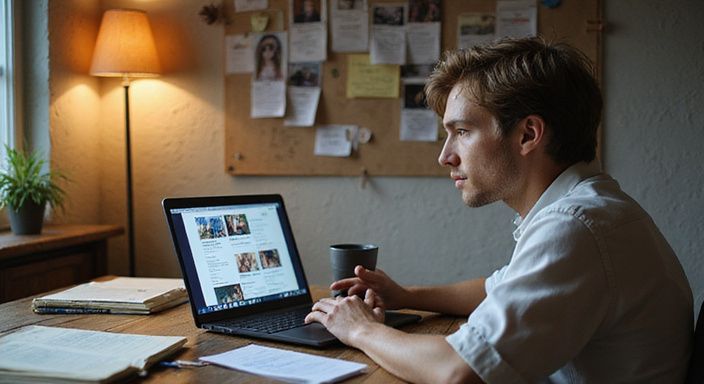 Eine Person untersucht Dating-Profile an einem unordentlichen Schreibtisch.