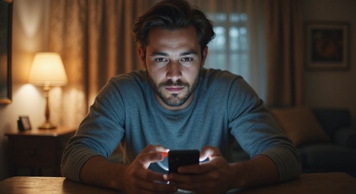 Ein Mann benutzt konzentriert sein Smartphone in einem gemütlichen Raum.