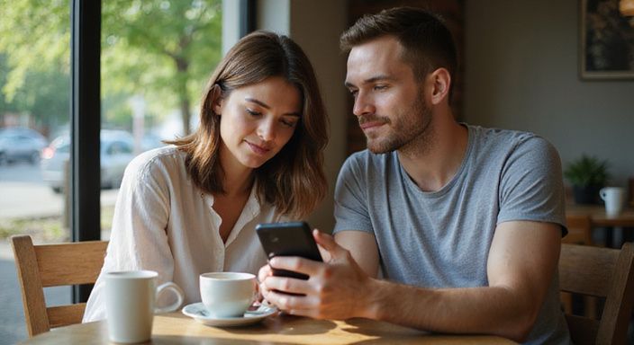 Ein Paar liest gemeinsam Informationen auf einem Smartphone in einem Café.