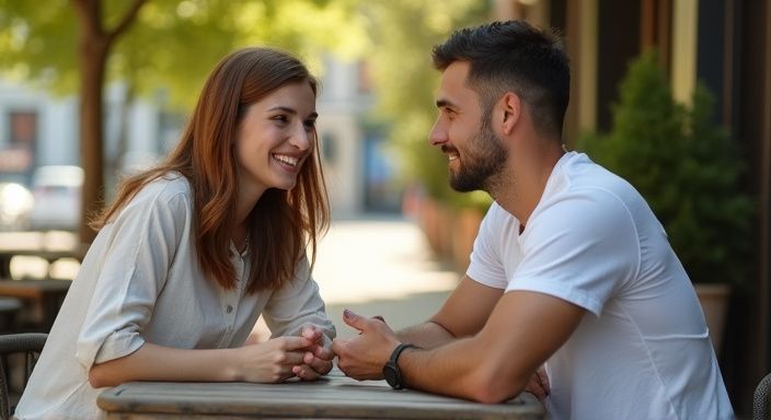 Ein Paar führt ein engagiertes Gespräch an einem Holztisch im Freien.