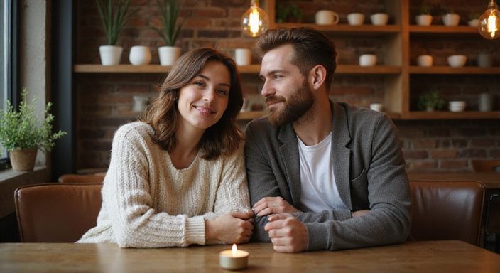 Ein Paar sitzt in einem Café und genießt einen intimen Moment.