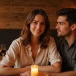 Ein junges Paar genießt entspanntes Gespräch in einem rustikalen Restaurant