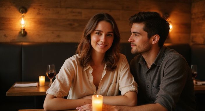 Ein junges Paar genießt entspanntes Gespräch in einem rustikalen Restaurant
