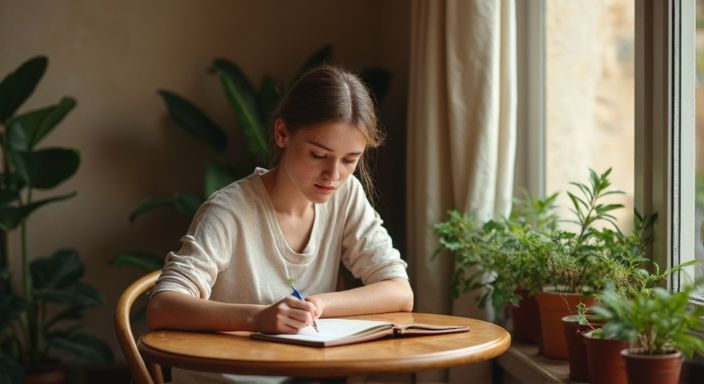 Eine junge Frau schreibt konzentriert in ein Leder-notizbuch.
