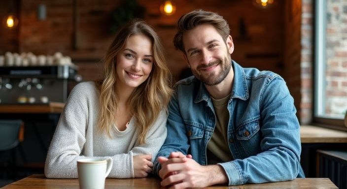 Ein Paar sitzt entspannt in einem gemütlichen Café an einem Tisch.