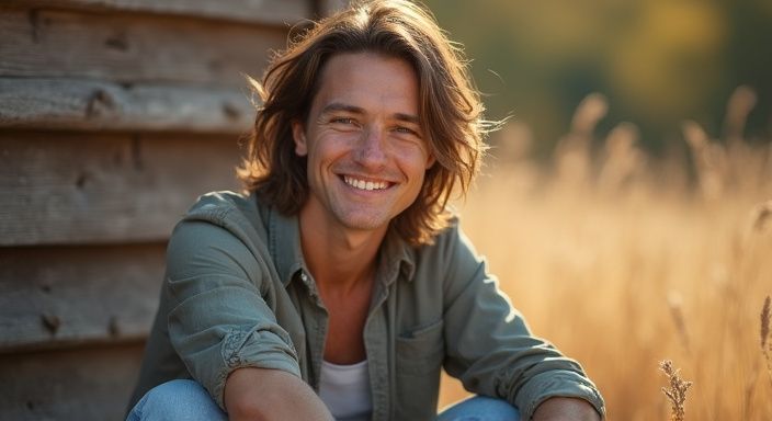 Eine lächelnde Person in lässiger Kleidung genießt eine entspannte Atmosphäre.