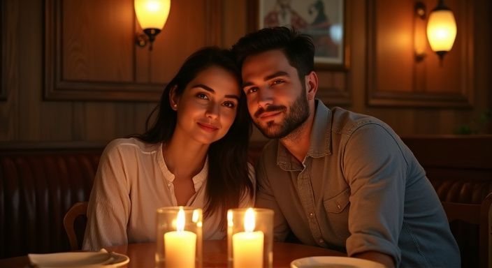 Ein Paar sitzt eng an einem kleinen Tisch in einem Restaurant