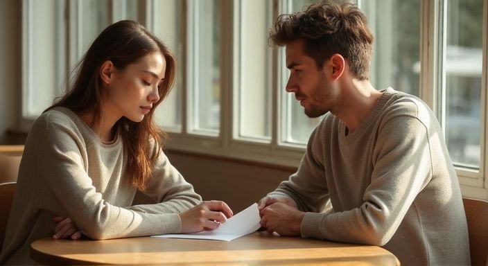 Zwei Personen tauschen handgeschriebene Notizen in einem Café aus