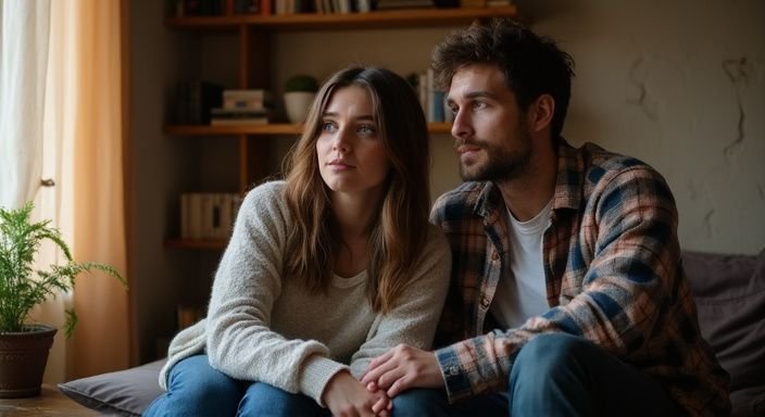 Ein Paar sitzt nah beieinander in einer gemütlichen Wohnung