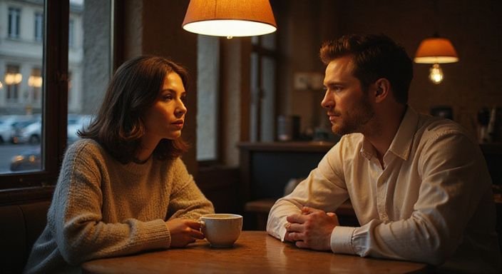 Ein Paar in einem Café, intensives Gespräch, Nähe und Verbindung