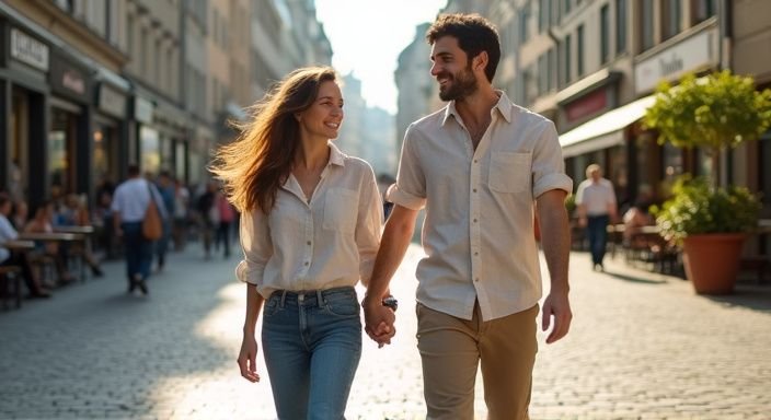 Ein junges Paar spaziert Hand in Hand durch einen belebten Stadtplatz