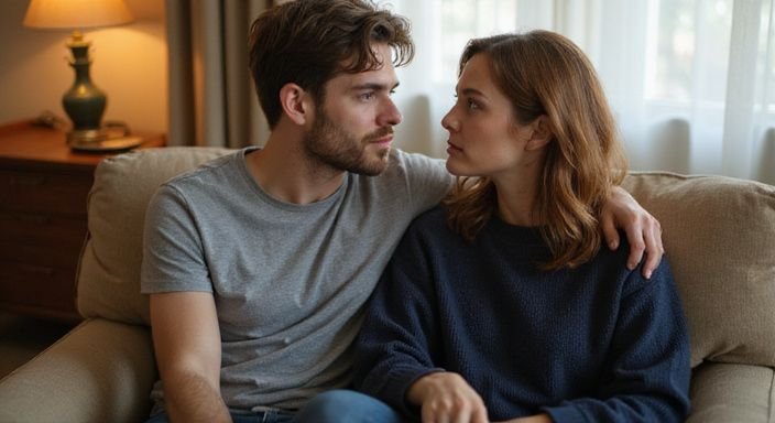 Ein Paar sitzt eng zusammen auf einem Hotel Sessel