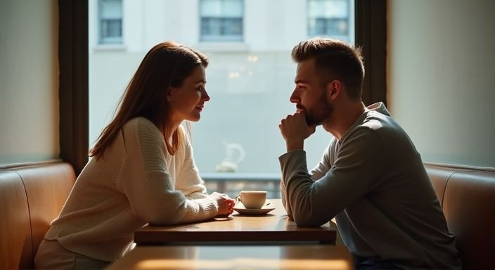 Ein Paar in einem Café in Zürich, tief im Gespräch