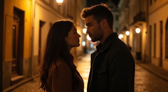 Ein Paar hat einen vertraulichen Moment auf einer schmalen Straße