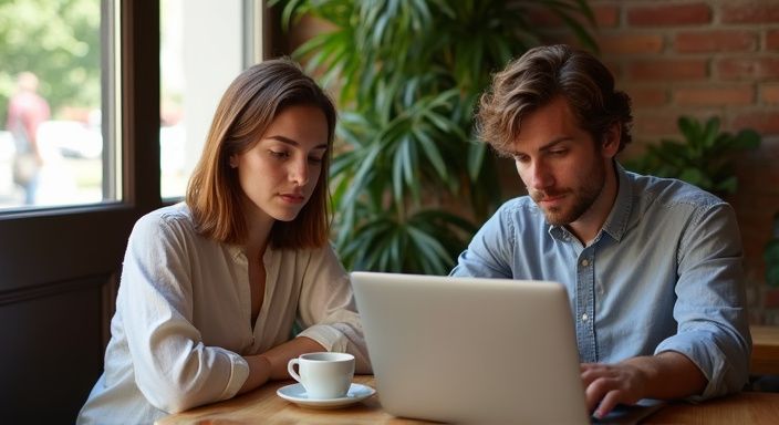 Ein junges Paar arbeitet konzentriert an ihren Laptops in einem Café.