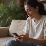 Eine Person sitzt entspannt auf einem Sofa und nutzt ihr Smartphone