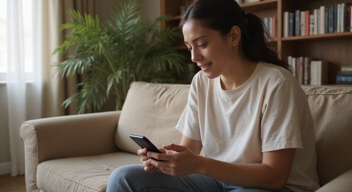 Eine Person sitzt entspannt auf einem Sofa und nutzt ihr Smartphone