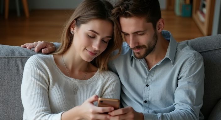 Ein junges Paar sitzt entspannt auf einem modernen Sofa.