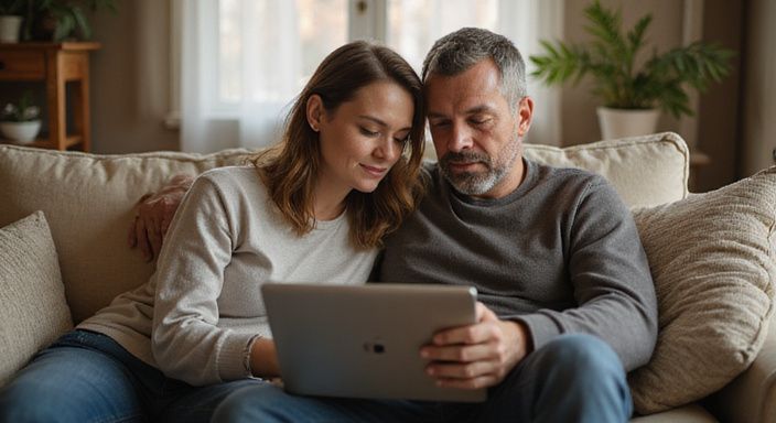 Warum eine Sex-Dating-Site wählen? Ein Paar sitzt auf einer Couch und erkundet eine Dating-Website.