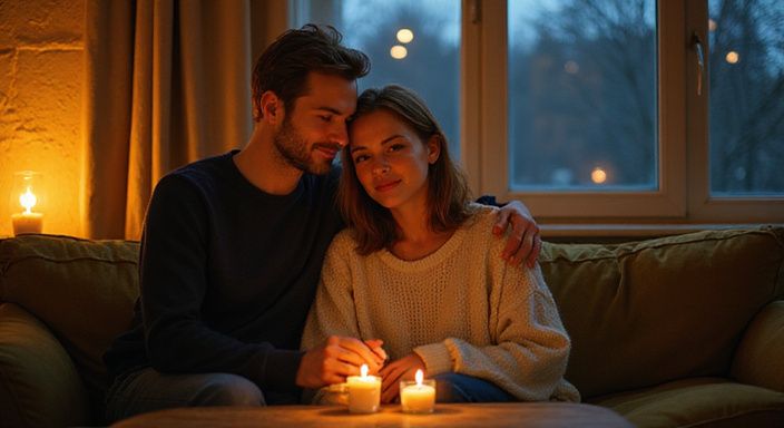 Ein Paar sitzt eng auf einem Sofa in einer gemütlichen Wohnung.
