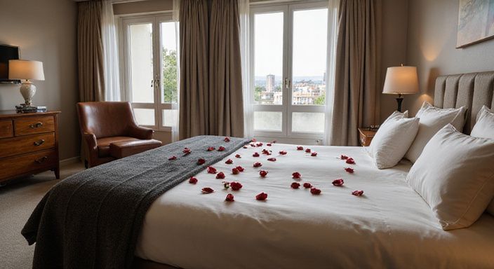 Elegantes Hotelzimmer mit luxuriöser Einrichtung und Rosenblüten auf dem Bett für Erotische Kontakte und Sex-Dating in Basel.