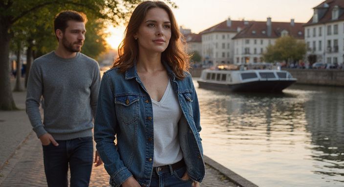 Ein Paar spaziert entlang des Rheins in Basel, Schweiz