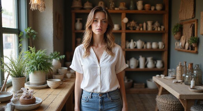 Eine nachdenkliche Frau in einem einladenden, handgefertigten Boutique-Interieur.