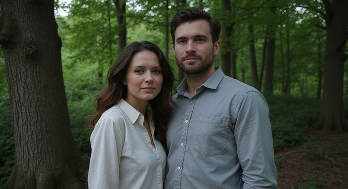 Ein Paar steht nah beieinander in einem parkähnlichen Umfeld.