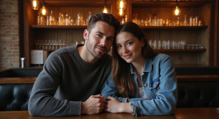 Ein Paar sitzt entspannt an einem eleganten Barcounter.