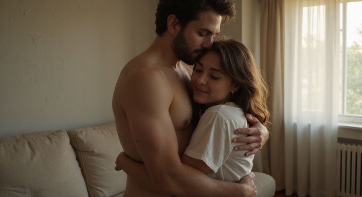 Ein Paar umarmt sich zärtlich in einer bescheidenen Wohnung.