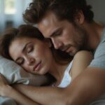 Ein junges Paar umarmt sich liebevoll in einem Schlafzimmer