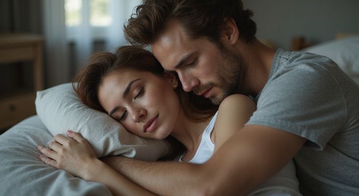 Ein junges Paar umarmt sich liebevoll in einem Schlafzimmer