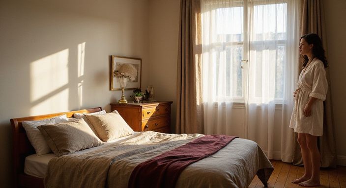 Ein einladendes Schlafzimmer mit persönlichem Stil und eleganter Inneneinrichtung.