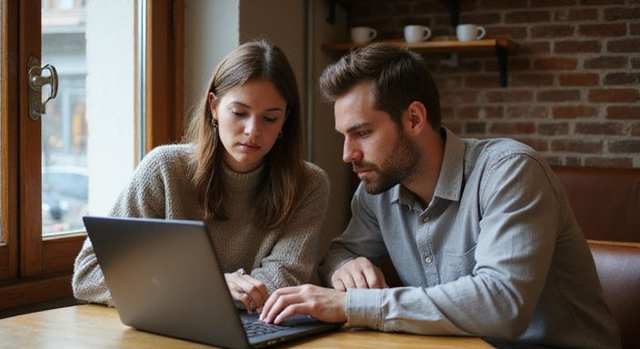 Ein Paar arbeitet konzentriert an Laptops in einem gemütlichen Café.