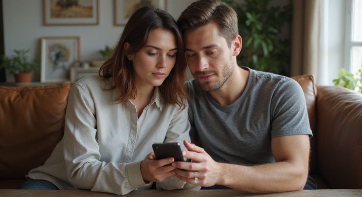 Ein Paar sitzt eng beieinander und schaut auf ihr Smartphone und suche Erotische Kontakte und Sex-Dating in Bern.