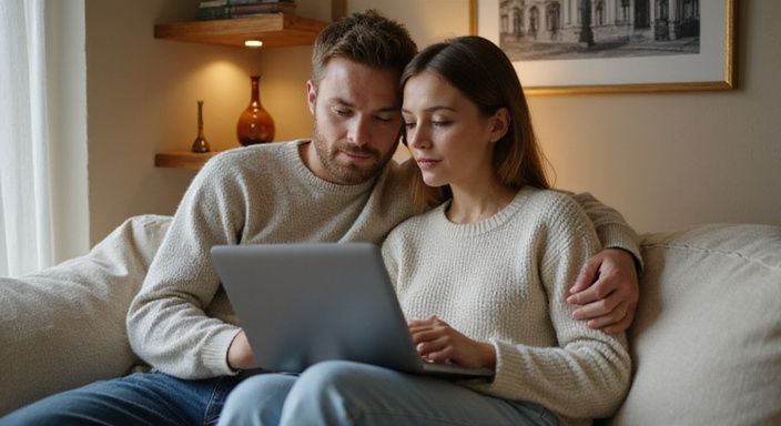 Ein Paar sitzt zusammen auf einem Sofa und betrachtet einen Laptop und suche Erotische Kontakte und Sex-Dating in Bern.