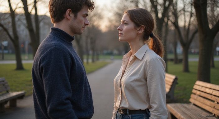 Eine Frau und ein jüngerer Mann teilen einen entspannten Gesprächsmoment im Park über Erotische Kontakte und Sex-Dating in Bern.