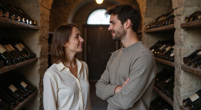 Ein Paar steht entspannt in einem Weinkeller in Bern.