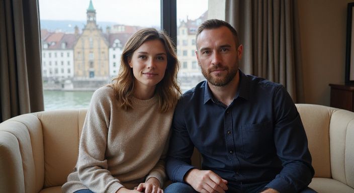 Ein Paar sitzt entspannt auf einem eleganten Sofa in einem Hotelzimmer.