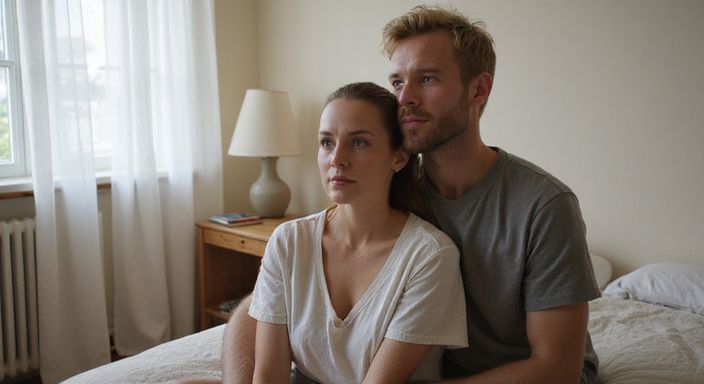 Ein Paar sitzt nachdenklich auf einem Bett in einem gemütlichen Raum