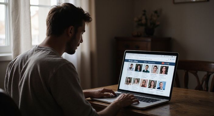 Ein Mann betrachtet konzentriert die Kaufmich.com-Website auf seinem Laptop.