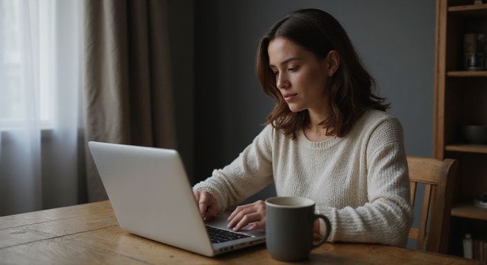 Eine konzentrierte Frau nutzt ihren Laptop an einem Holztisch und suche Erotische Kontakte und Sex-Dating in Salzburg.