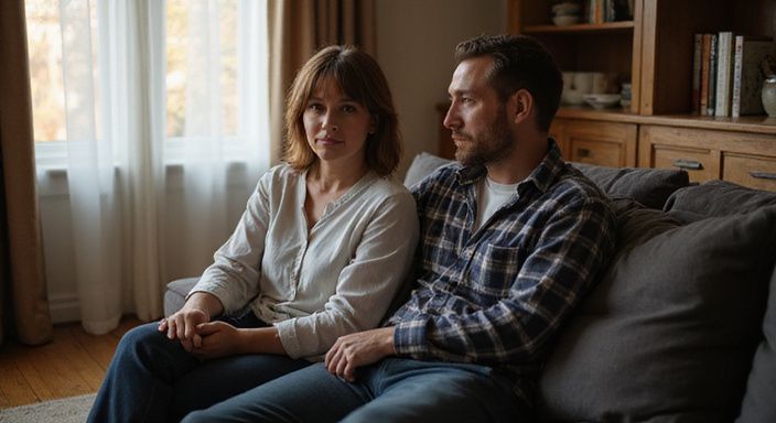 Ein Paar in einem Wohnzimmer, entspannt auf einem Sofa sitzend.