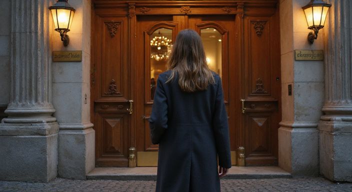 Eine Frau in einem eleganten Mantel nähert sich einem historischen Gebäude.
