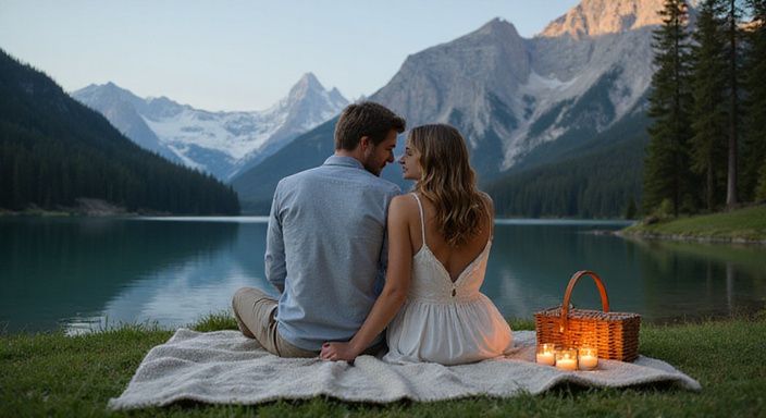 Ein Paar sitzt romantisch am Ufer eines alpinen Sees